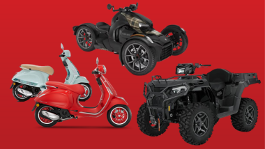 picture of 4 alternative vehicles, vespas, and atv
