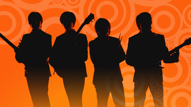 A beatles tribute featuring 4 men on an orange sunset background