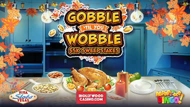 igaming November 2019 Promotion image says "Gobble 'til you wobble 5K sweepstakes" with the Viva Slots, Hollywoodcasino.com and abradoodle bingo logos